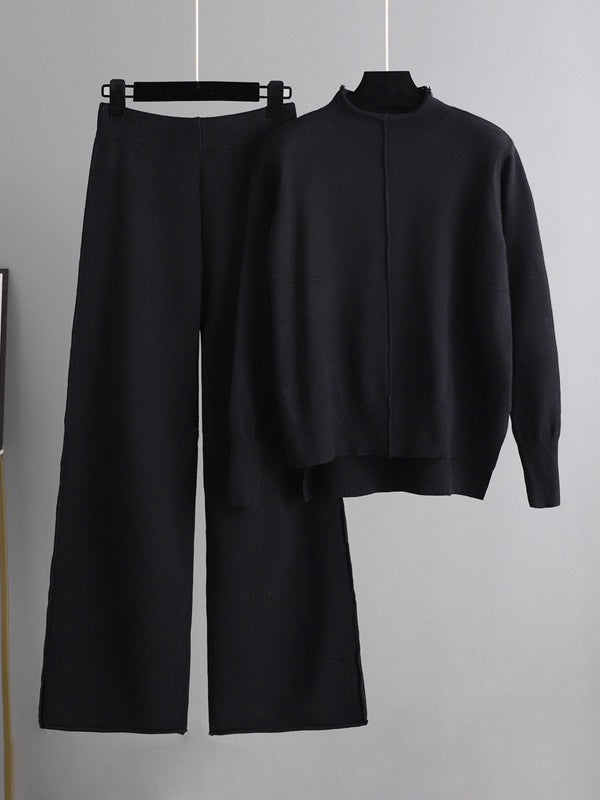 flowersverse Stylish High-Low Long Sleeves Split-Side Solid Half Turtleneck Sweater Tops & Wide Leg Pants Two Pieces Set