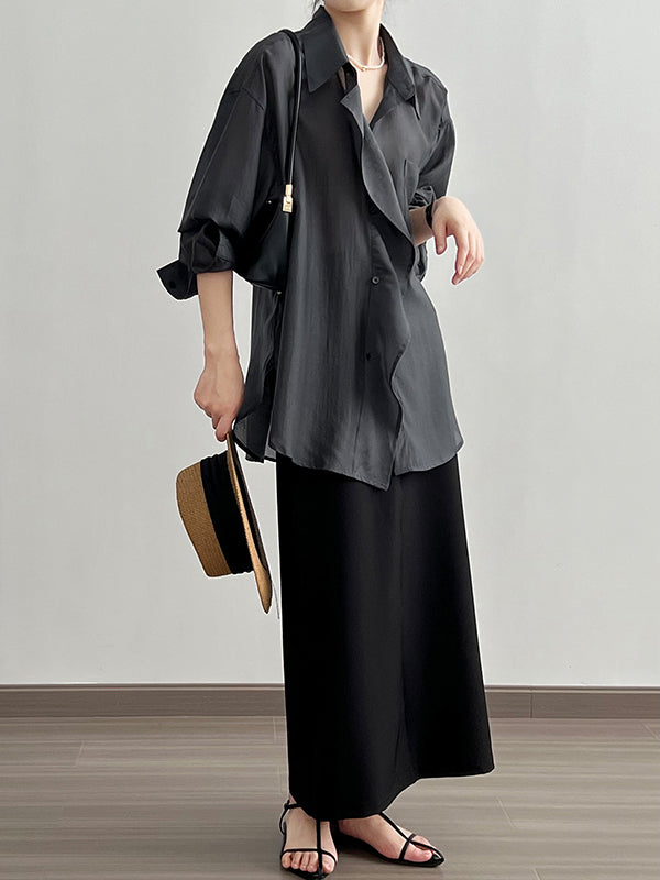 flowersverse Solid Color Irregular clipping Long Sleeves Lapel Blouses&shirts Tops