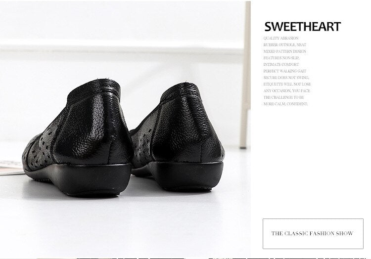 flowersverse Spring Genuine Leather Flat Summer Shoes Women Casual Hollow Breathable Soft Bottom Ladies Flats Plus Size 35-43