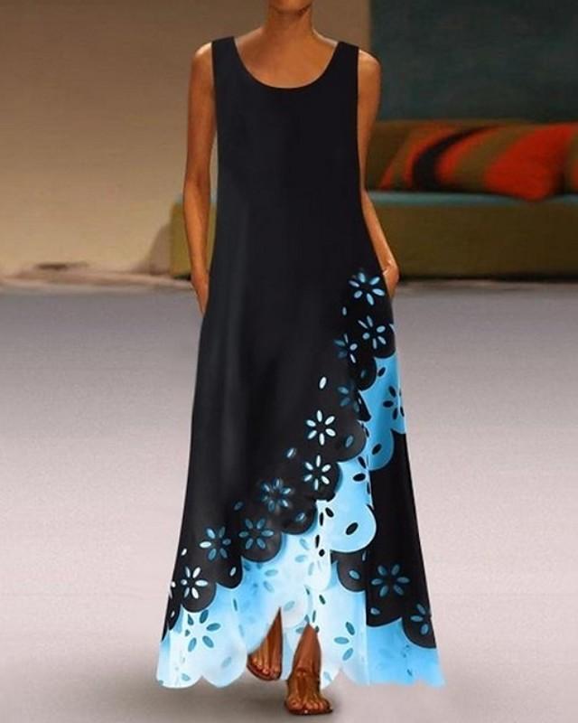 flowersverse Women's A-Line Dress Maxi Long Dress - Sleeveless Floral Hole Summer U Neck Plus Size Hot Casual Vacation Dresses White Purple Blushing Pink Gold Light Blue Black Dresses