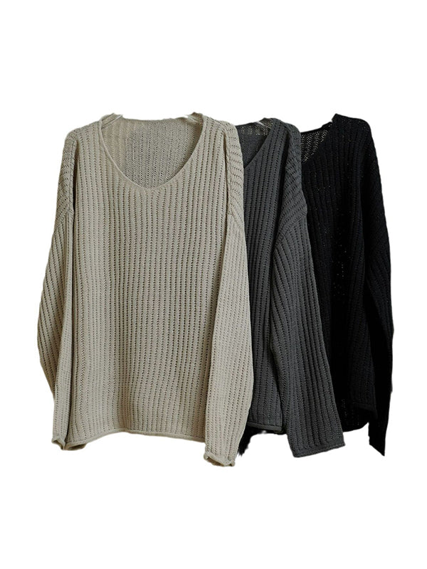 flowersverse Solid Color Long Sleeves Loose V-Neck Sweater Tops Pullovers