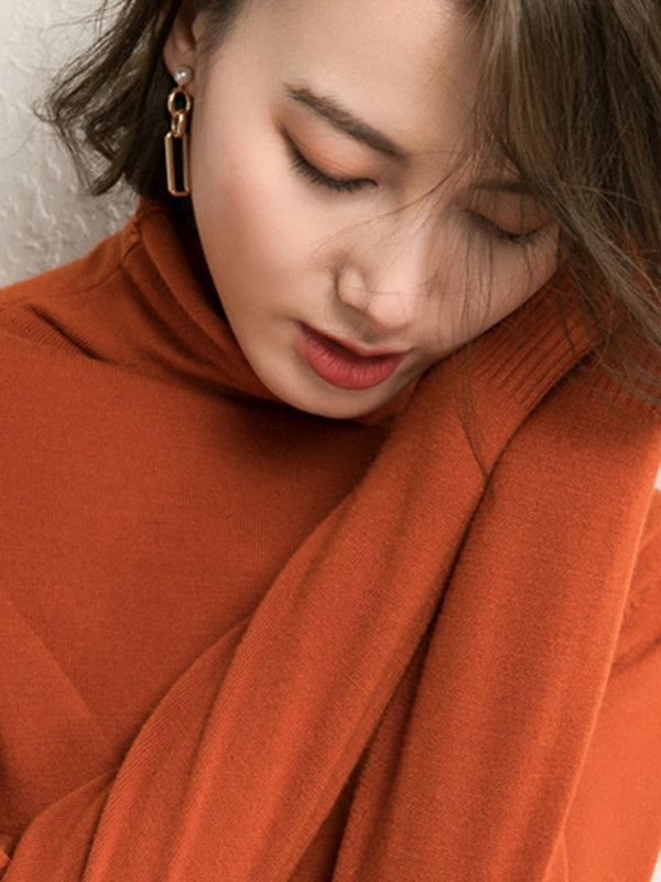 flowersverse Simple Loose Long Sleeves Solid Color High-Neck Sweater Tops