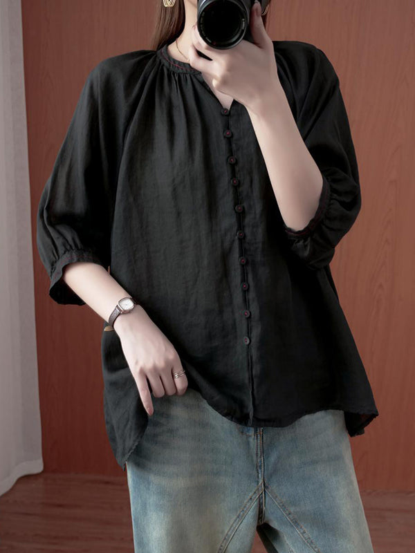 flowersverse Simple Casual Solid Buttoned Pleated Blouse