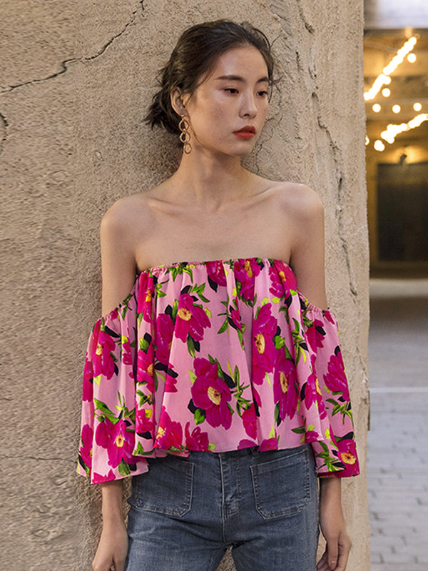 flowersverse Batwing Sleeves Floral Printed One-Shoulder Top