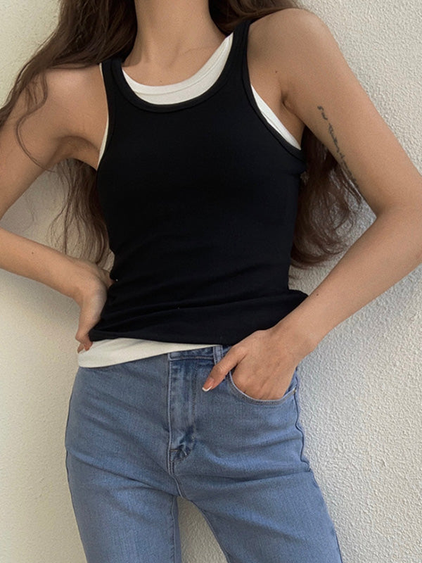 flowersverse Original Solid Color Round-Neck Sleeveless Vest Tops