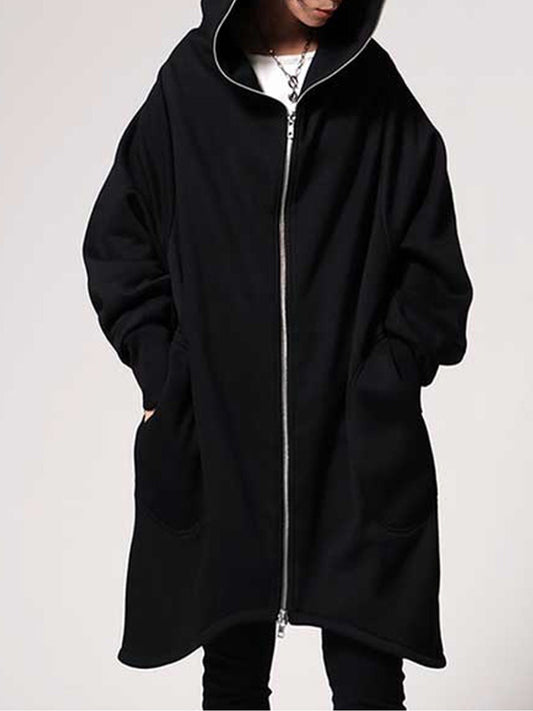 flowersverse Solid Color Zipper Long Sleeves Loose Hooded Outerwear