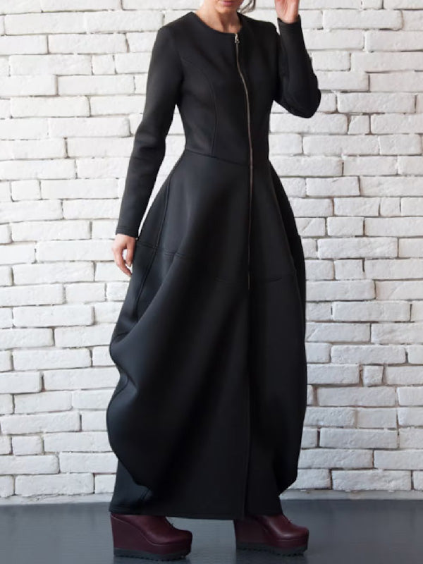 flowersverse Split-Joint Zipper Round-Neck Maxi Dress Coat Bubble Dress