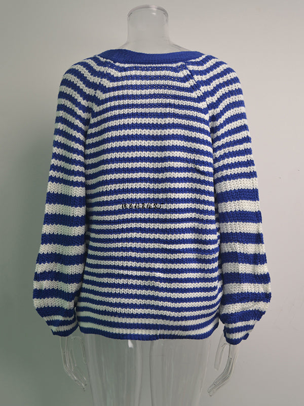 flowersverse Casual Loose Long Sleeves Striped V-Neck Cardigan Tops