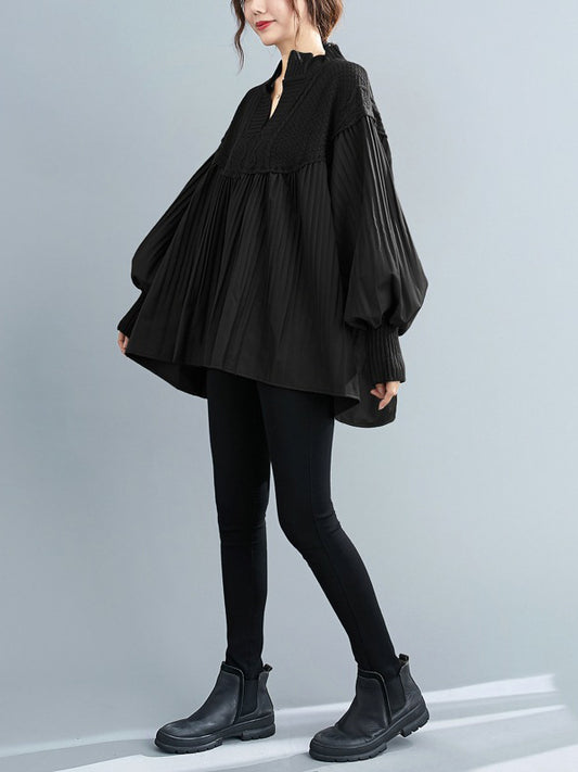 flowersverse Stylish Knitting Split-Joint Puff Sleeve Shirt Pullover Top