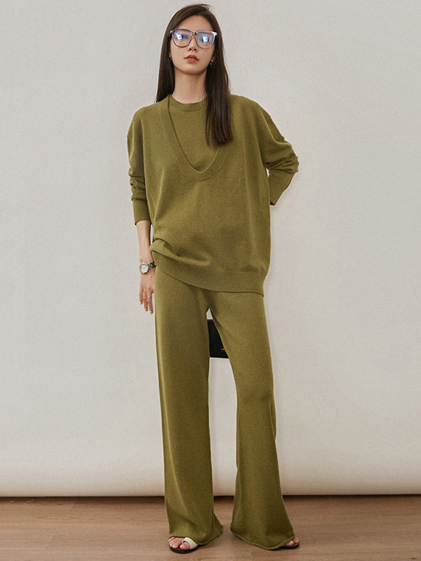 flowersverse Urban Loose Solid Round-Neck Vest Top& V-Neck Sweater Tops& Wide Leg Pants Three-Piece Set