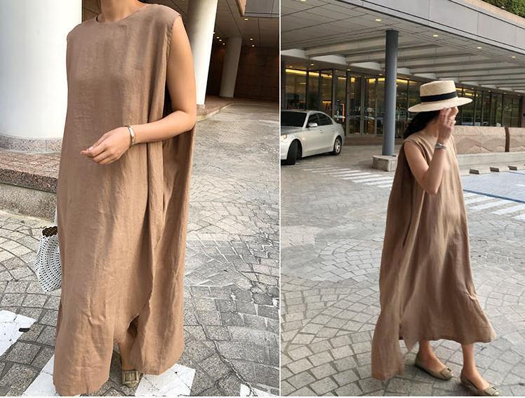 flowersverse Loose Cotton Vest Dress New Round Neck Sleeveless Long Dress Linen