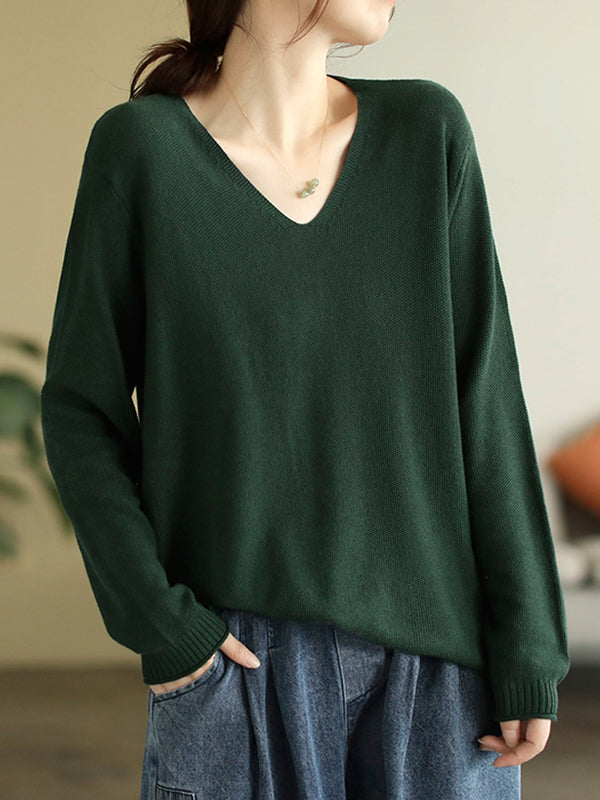 flowersverse Solid Color Long Sleeves Loose V-Neck Sweater Tops