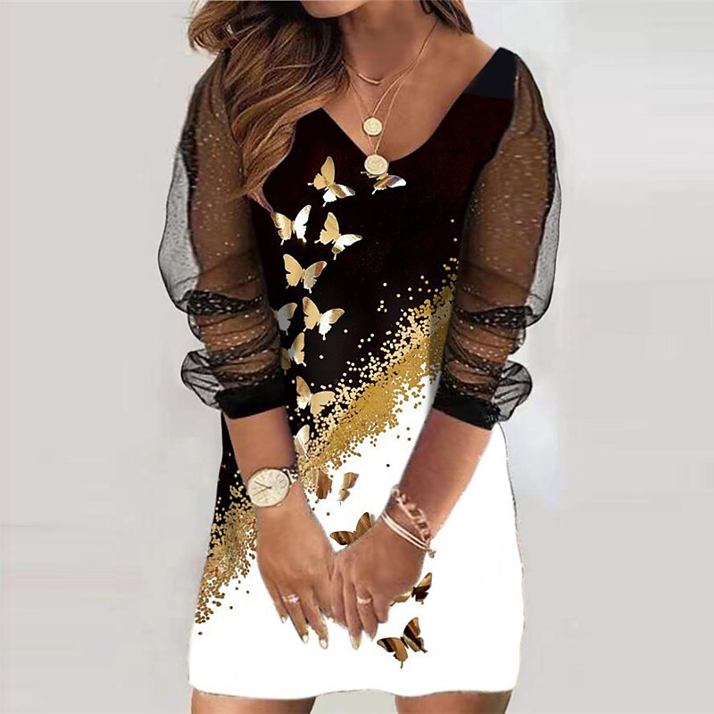 flowersverse Women's Plus Size Holiday Dress Floral V Neck Mesh Long Sleeve Fall Spring Casual Mini Dress Causal Daily Dress / Sheath Dress / Black Dress / Print