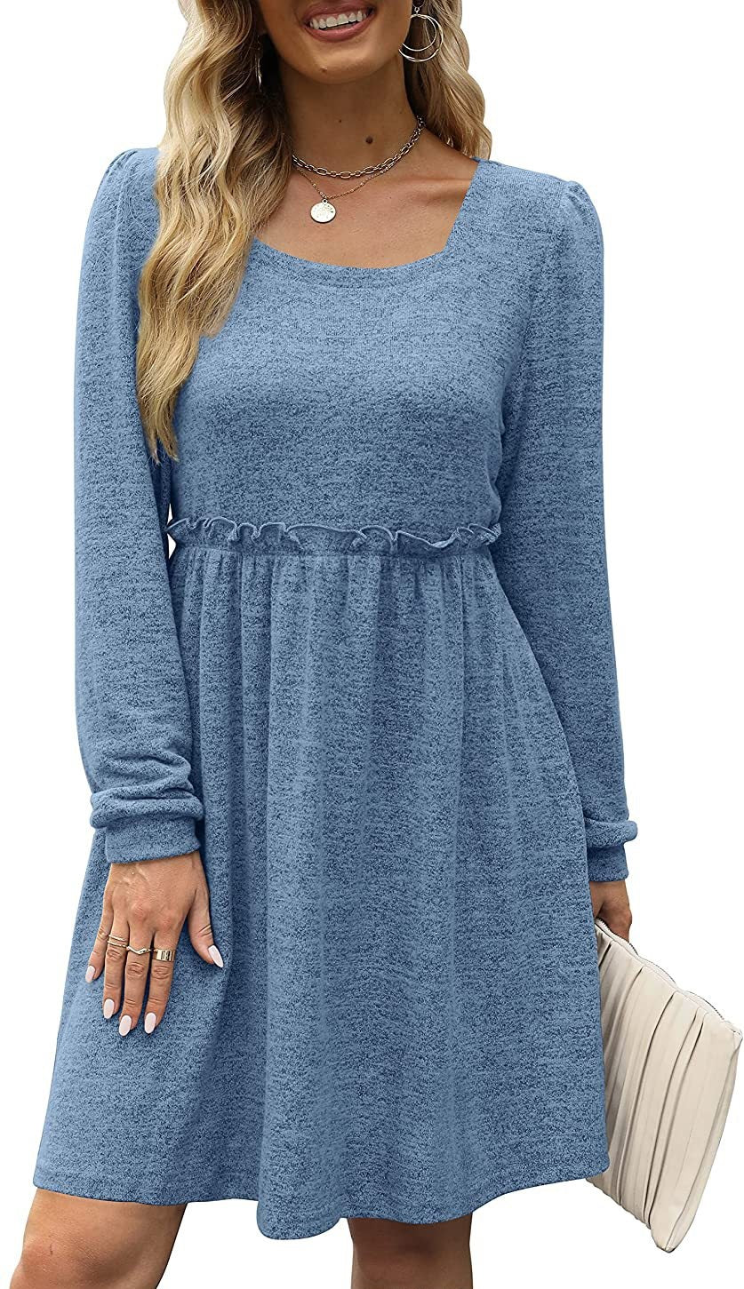 flowersverse Women's Long Sleeve Square Neck Bubble Sleeve Ear Edge Casual Dress