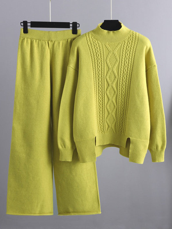 flowersverse Urban Loose Split-Side Half Turtleneck Sweater Tops& Wide Leg Pants Two Pieces Set