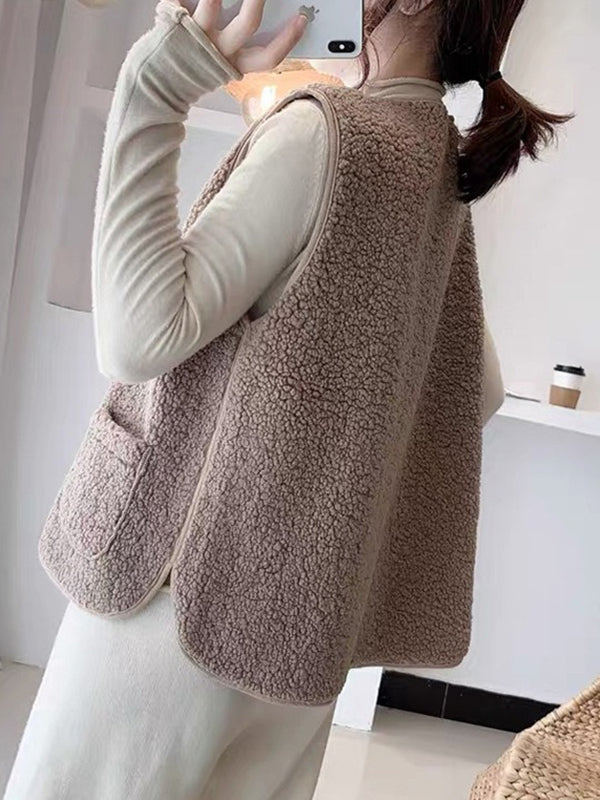 flowersverse Split-Joint Velvet Loose Sleeveless Round-neck Vest Outerwear
