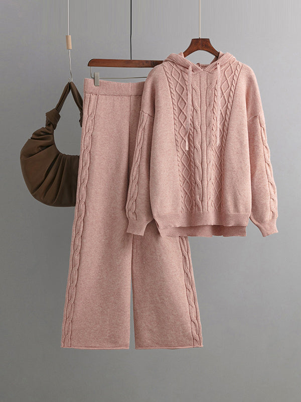 flowersverse Urban Loose Solid Color Hooded High-Low Sweater Tops & Wide Leg Pants Two Pieces Set