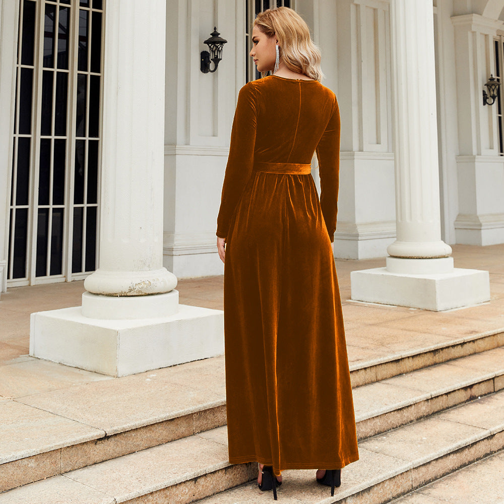 flowersverse Velvet Long Sleeve Casual Solid Knitting Dress