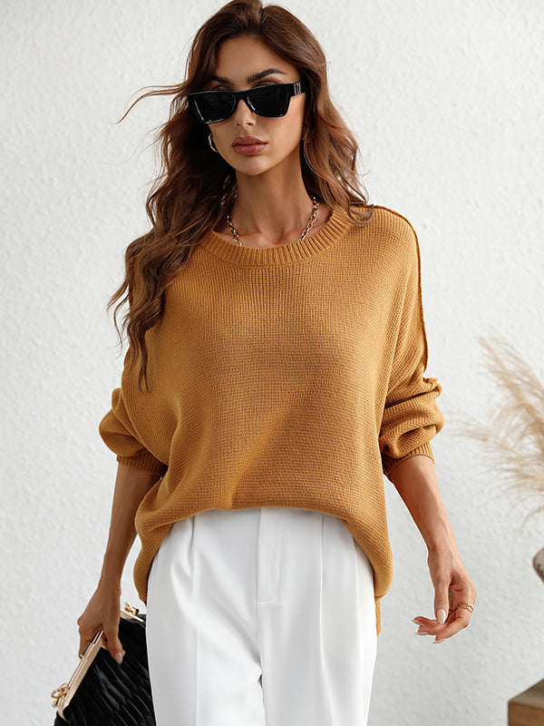 flowersverse Casual Long Sleeves Loose Split-Side Solid Color Round-Neck Sweater Tops