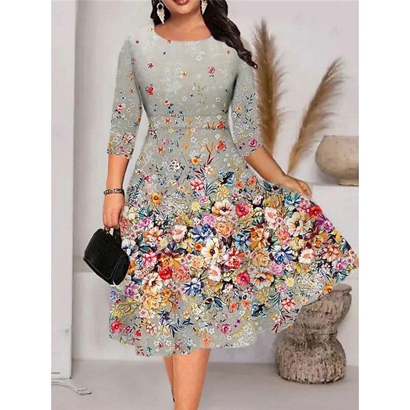 flowersverse Women's Plus Size Work Dress A Line Dress Floral Midi Dress Half Sleeve Print Crew Neck Elegant Office Blue Purple Spring Summer XL XXL 3XL 4XL 5XL