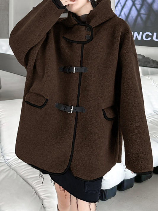 flowersverse Buckle Buttoned Keep Warm Velvet Long Sleeves Loose Hooded Woolen Coat Outerwear
