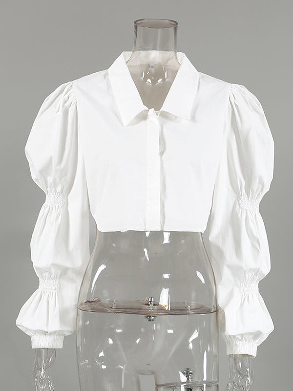flowersverse Buttoned Elasticity Solid Color Bishop Sleeve Long Sleeves Lapel Blouses&Shirts Tops