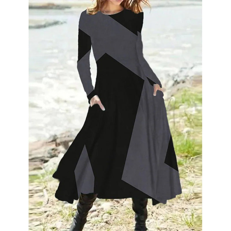 flowersverse Women's Round Neck Casual Ethnic Retro Fashion Long Sleeve Oversized Swing Dress