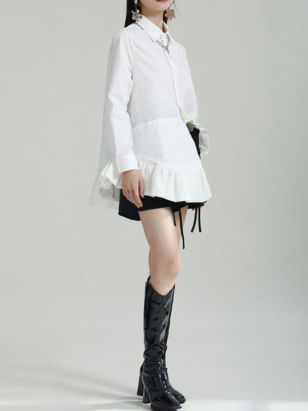 flowersverse Asymmetric Solid Color Cropped Long Sleeves Lapel Blouses&shirts Tops