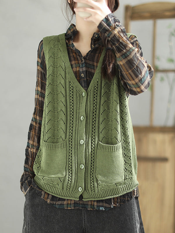 flowersverse Casual Loose Sleeveless Buttoned Hollow Solid Color V-Neck Vest Outerwear