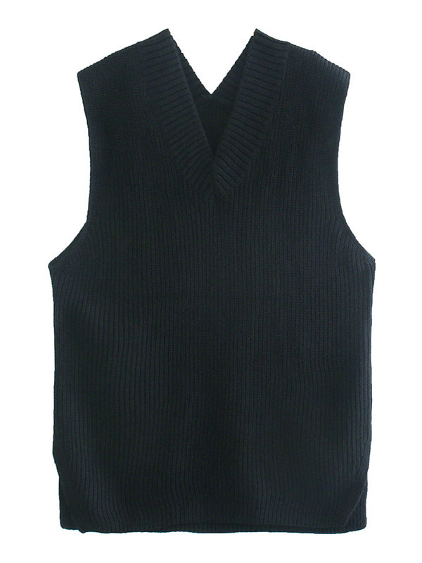 flowersverse 4 Colors V-Neck Simple Split-Side Sleeveless Knitted Vest