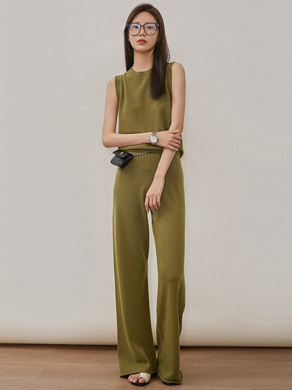 flowersverse Urban Loose Solid Round-Neck Vest Top& V-Neck Sweater Tops& Wide Leg Pants Three-Piece Set