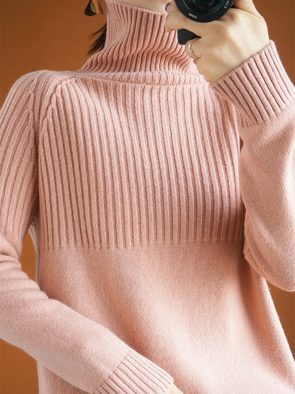 flowersverse Casual Long Sleeves Loose Solid Color High-Neck Sweater Tops