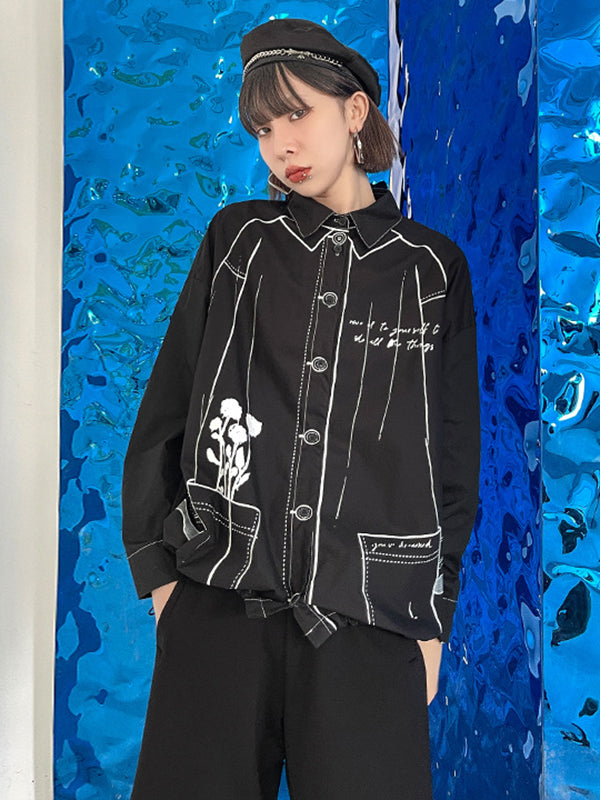 flowersverse Casual Contrast Color Printed Drawstring Blouse Top