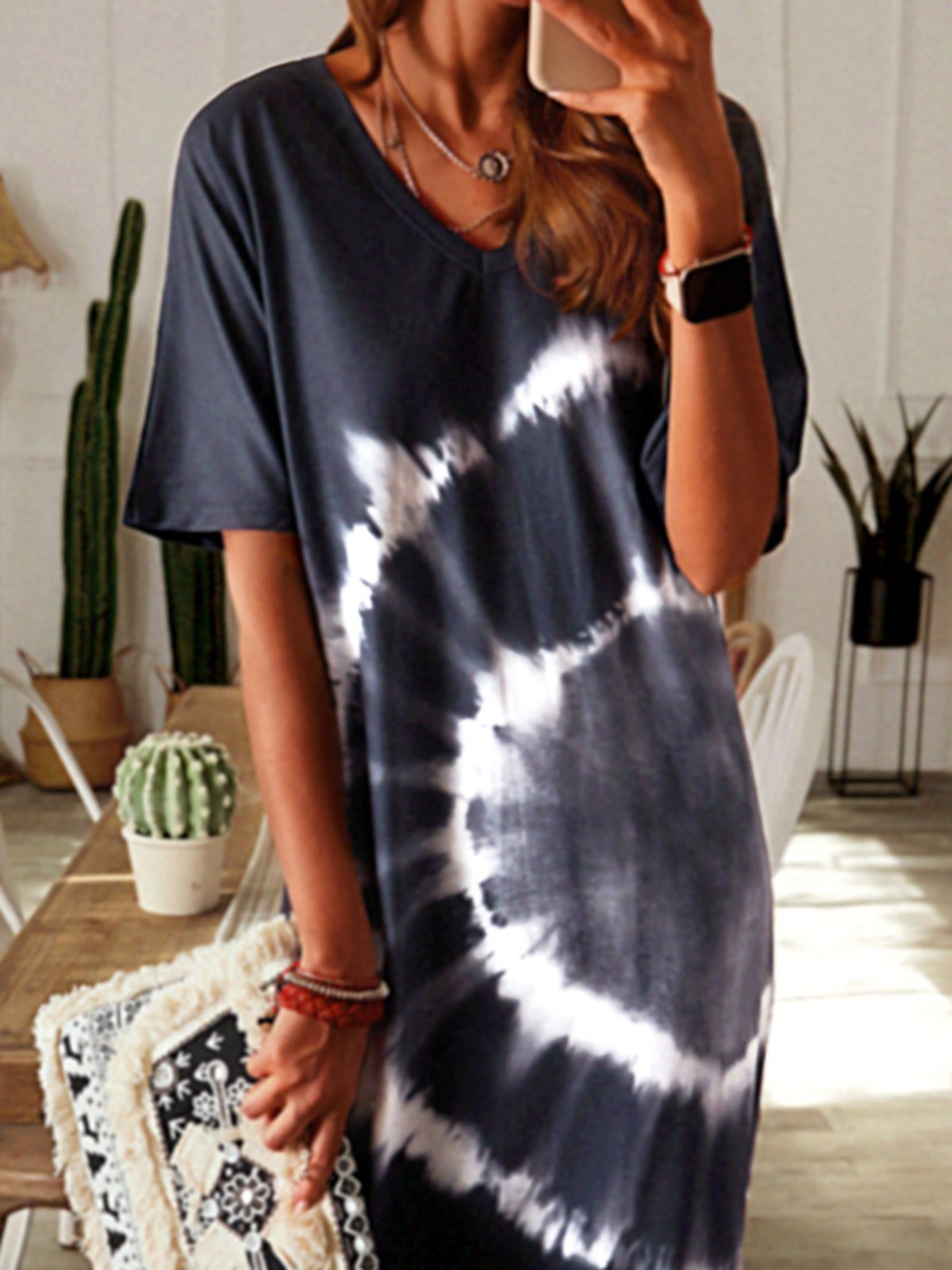 flowersverse Ombre/tie-Dye Short Sleeve Knitting Dress