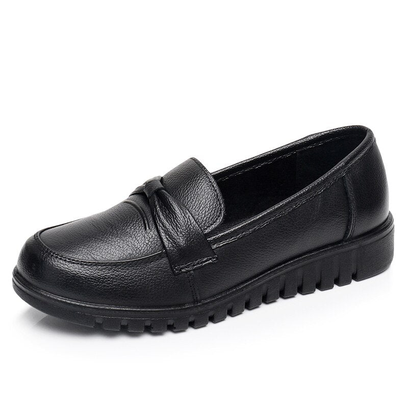 flowersverse Autumn Women's Shoes Fashion Casual Women Genuine Leather Flat Shoes Ladies Slip On Comfortable Black Work shoes Flats