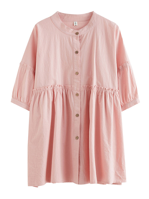 flowersverse Artistic Retro Loose Half Sleeves Pleated Falbala Split-Joint Solid Color Blouses