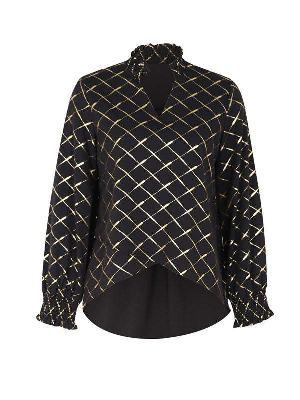 flowersverse Bronzing Contrast Color High-Low Wrap High-Neck Blouses&Shirts Tops
