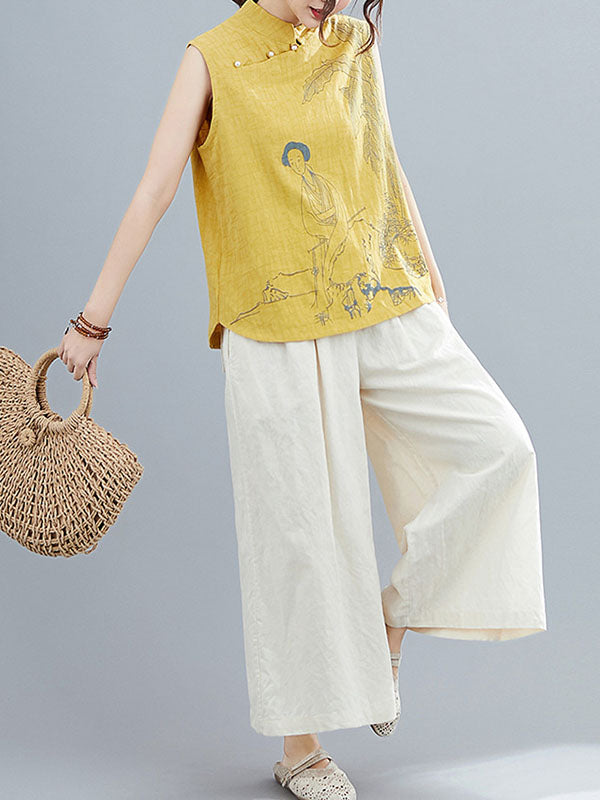 flowersverse Artistic Retro Chinese-Style Printed Buttoned Stand Collar Sleeveless Vest