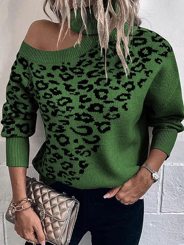 flowersverse Hollow Leopard Long Sleeves Loose High Neck Sweater Tops Pullovers Knitwear