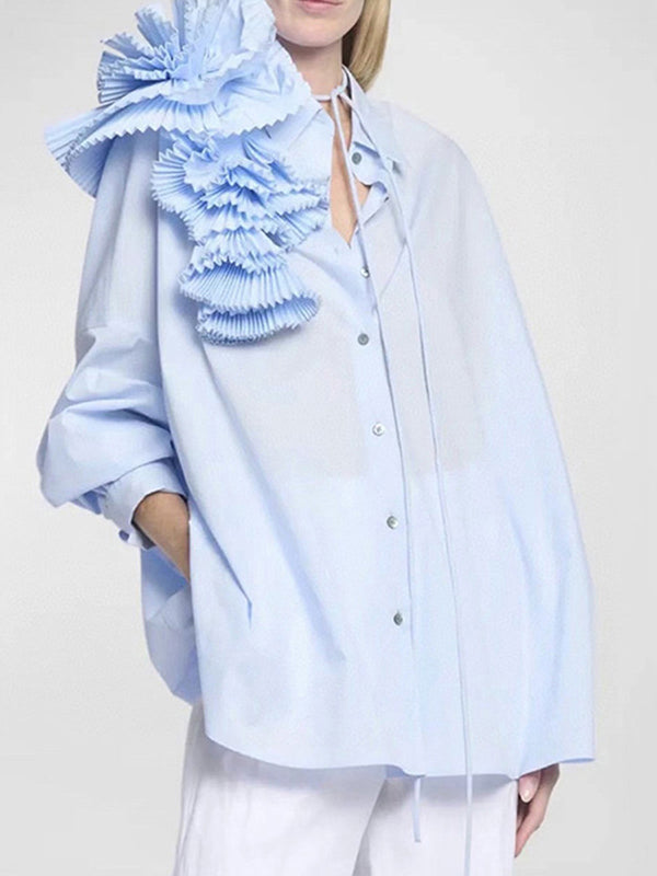 flowersverse Asymmetric Buttoned Pleated Solid Color Split-Joint Three-Dimensional Flower Long Sleeves Loose Lapel Blouses&Shirts Tops