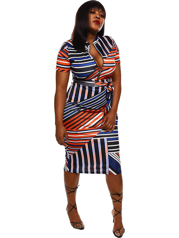 flowersverse Short Sleeve Striped Print Tie Waist Bodycon Midi Dresses