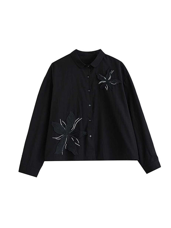 flowersverse Applique Buttoned Embroidered Long Sleeves Loose Lapel Blouses&Shirts Tops