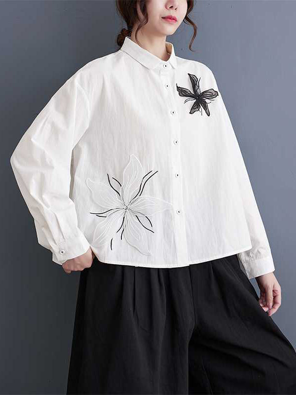 flowersverse Applique Buttoned Embroidered Long Sleeves Loose Lapel Blouses&Shirts Tops