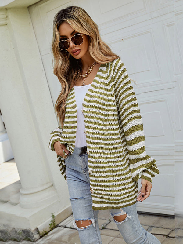 flowersverse Casual Loose Long Sleeves Striped V-Neck Cardigan Tops