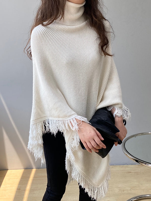 flowersverse Casual Loose Tasseled Solid Color High-Neck Sweater Tops