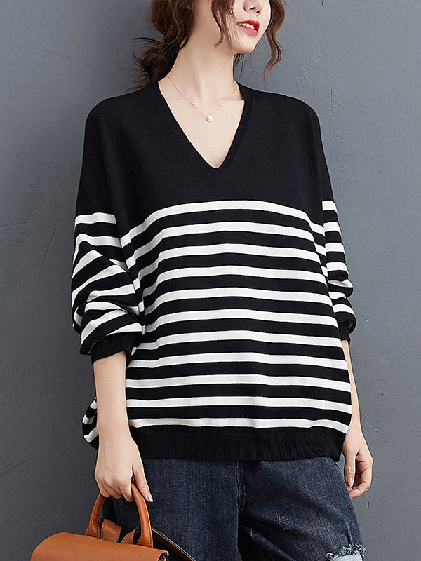 flowersverse Artistic Retro Casual Loose Striped V-Neck Long Sleeves Knitted Sweater