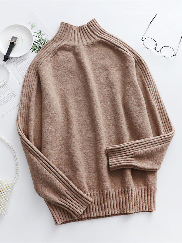 flowersverse Stylish Long Sleeves Loose Solid Color High-Neck Sweater Tops
