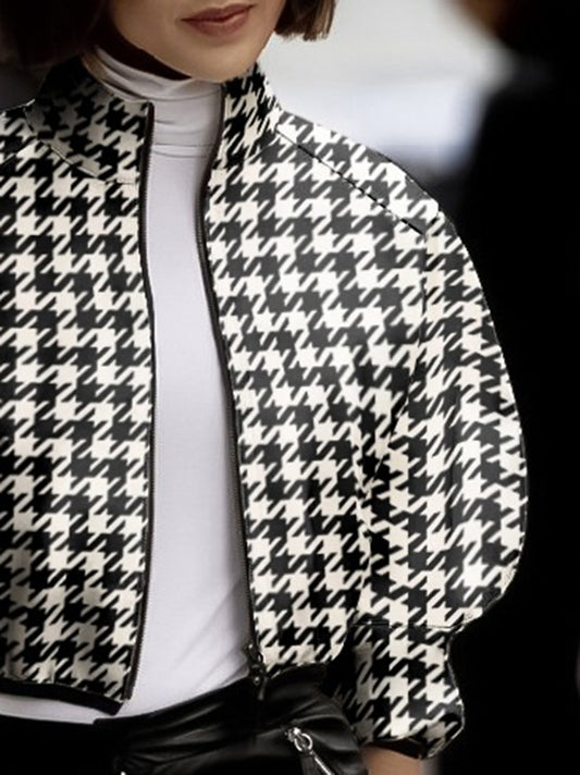 flowersverse Loose Puff Sleeves Houndstooth Stand Collar Outerwear