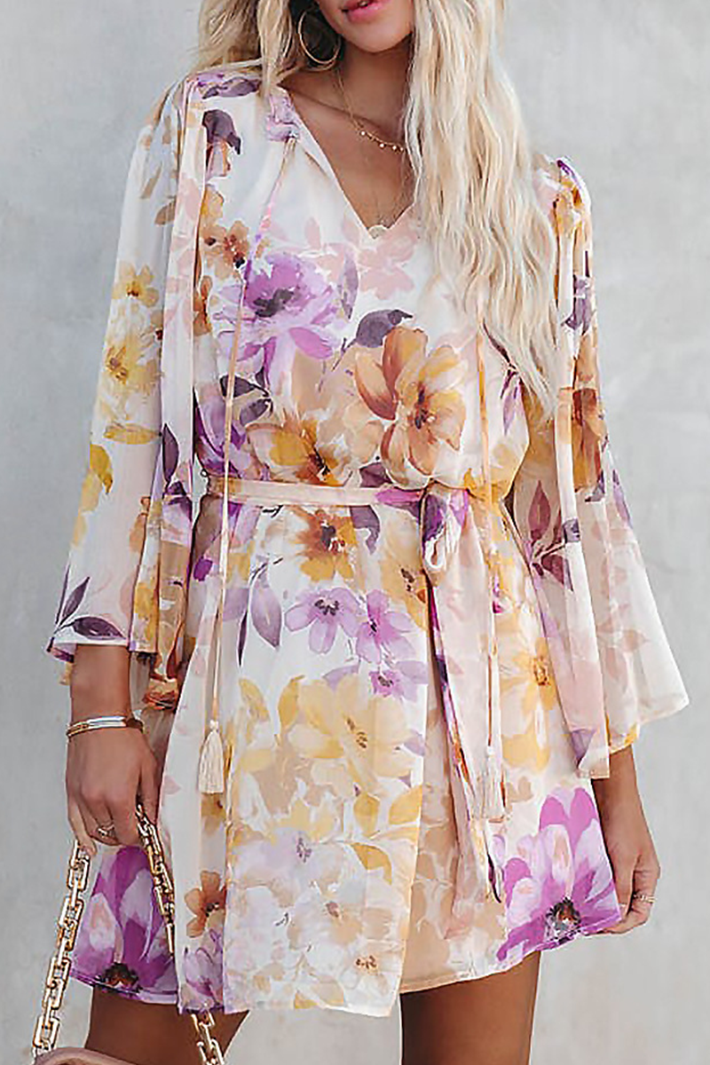 flowersverse Casual Print Patchwork V Neck Cake Skirt Dresses