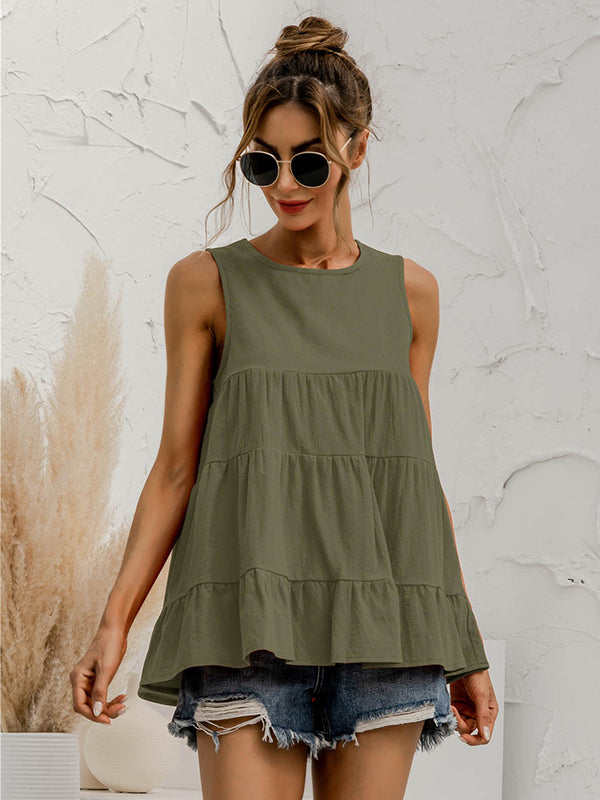 flowersverse Casual Loose Sleeveless Split-Joint Solid Color Round-Neck Vest Top
